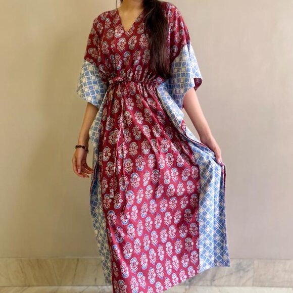 Brand New Women Indian Handmade Cotton Kaftan Hand Block Print Caftan Gown - Picture 6 of 8